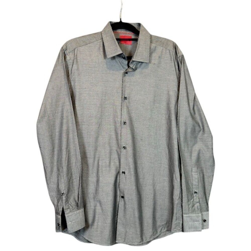 HUGO Kenno Slim Fit Dress Shirt Textured Black Silver XL 16.5 Neck Long Sleeve